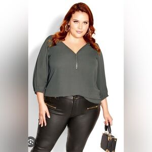 City Chic Grey Zipper V Neck Blouse